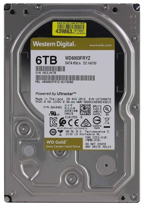 Жесткий диск 6Tb SATA Western Digital Gold WD6003FRYZ 3.5" 7200rpm 256Mb фото 1 — HTPC-Home.ru